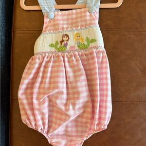 Classic Whimsy Pink Gingham Baby Romper with Mermaid Smocking